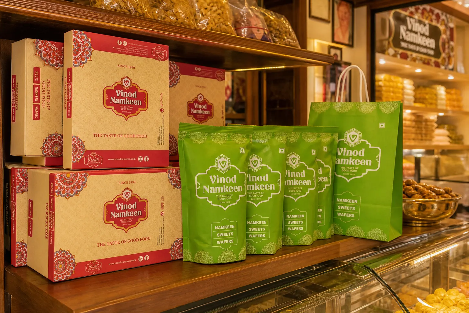 Vinod Namkeen store — Branded Packaging on Display